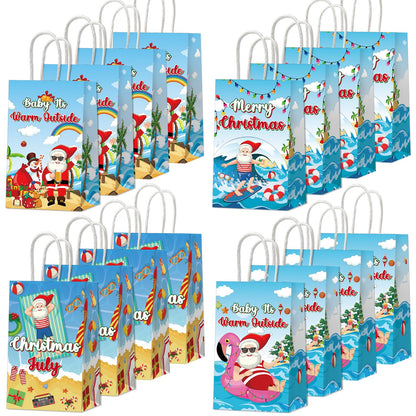 24PCS July Christmas Party Favor Bags Christmas Tropical Party Disposable Treat Bags with Handles Hawaiian Gift Bags for Summer Christmas Theme Hawaiian Beach Birthday Party Decorations Supplies