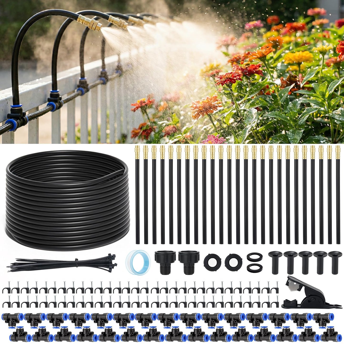 GOTGELIF 100FT Drip Irrigation Kit, with 25Pcs 360° Adjustable Nozzles, 5/16" Tubing, 30 T-connectors, Water-Saving System, Garden Watering Sprinkler for Greenhouse, Vegetable,Potted Plants, Lawn