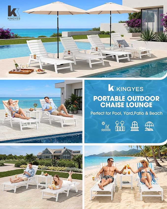 KINGYES HDPE Lounge Chair Outdoor, Patio Chaise Lounge Recliner