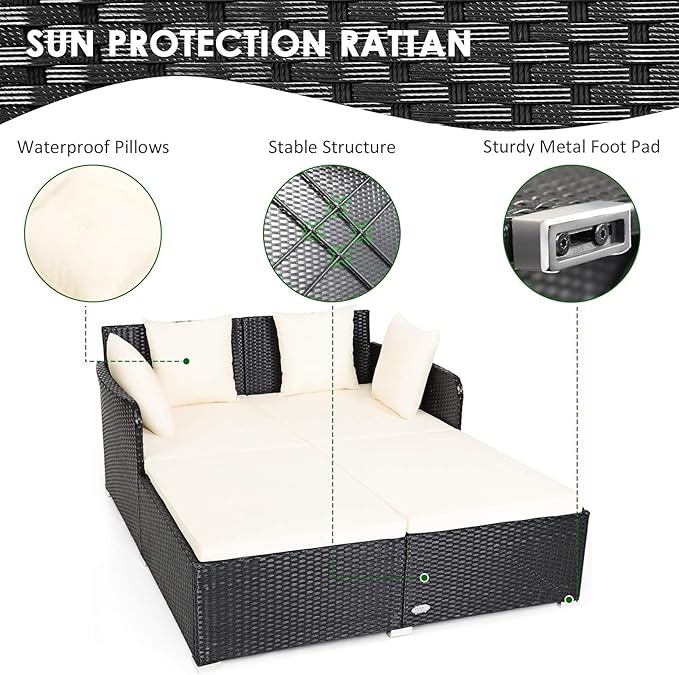 COSTWAY Outdoor Patio Rattan Daybed, Sponge Cushioned Loveseat Sofa