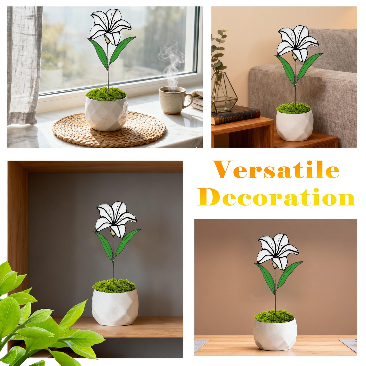 Verssure Stained Glass Flower, Stained Glass Lily with Ceramic Pot, Real Handmade Sun Catcher, Eternal Lily Decorative Sculpture Gift for Women, Mom, Wife, Anniversary, Home Decor