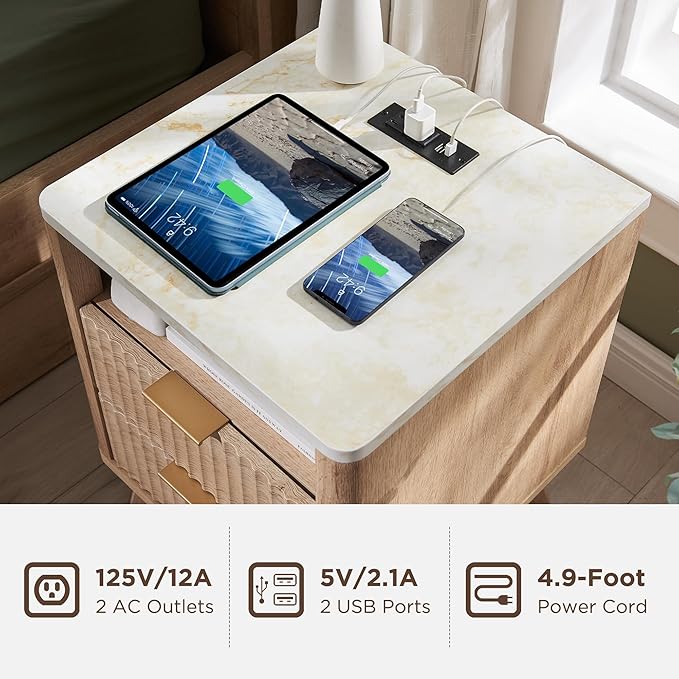 T4TREAM Fluted Nightstand with Charging Station, 2 Drawers End Table w/Storage