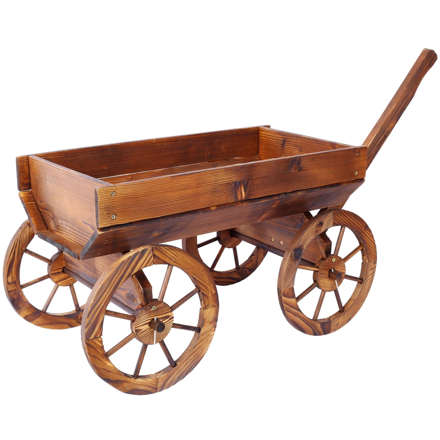 LifeSky Wooden Garden Cart Planter Wagon: Rustic Solid Wood Construction with Four Wheels & Handle - Farmhouse Style Outdoor Decor for Patio Garden Design & Plant Display