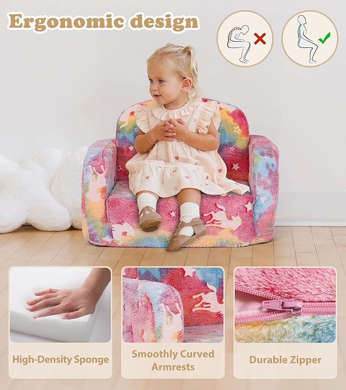 Kids Couch, 2-in-1 Soft Toddler Couch Fold Out