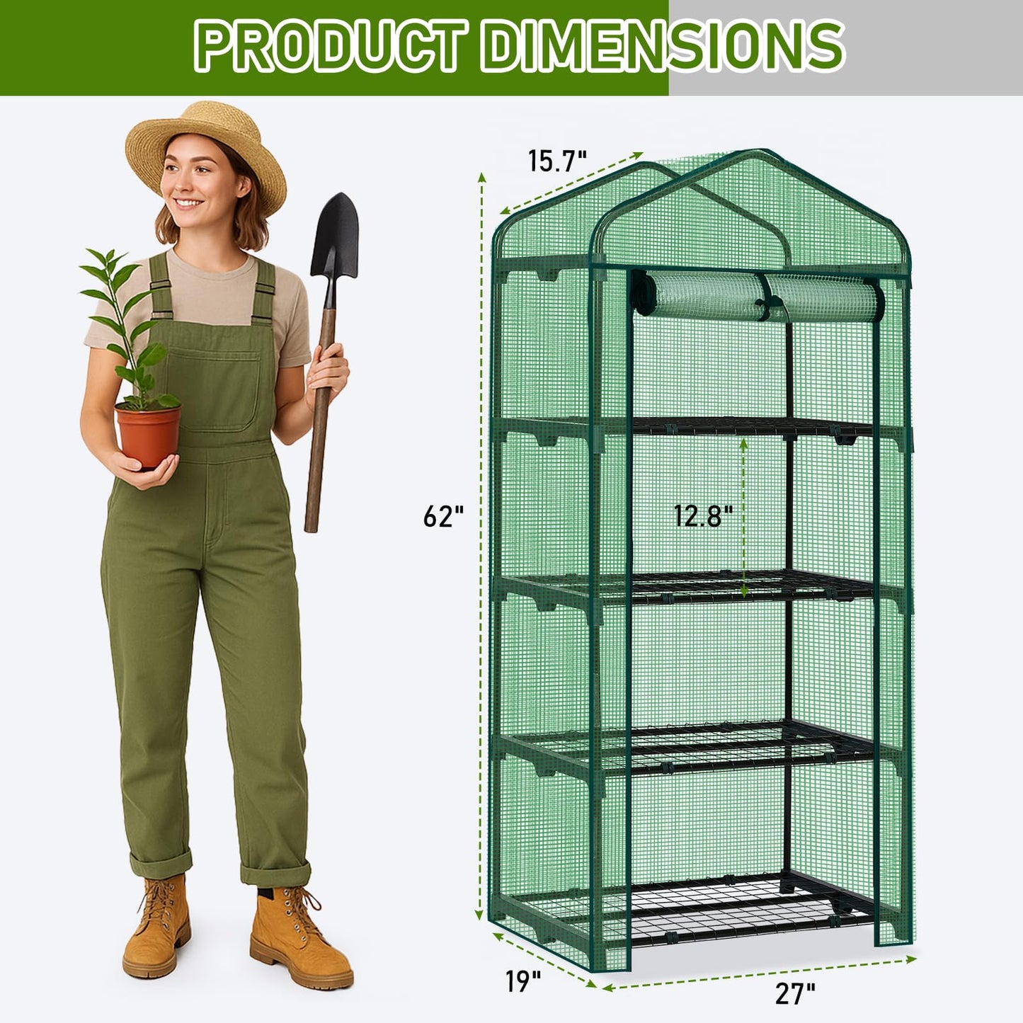 Outvita Mini Greenhouse, Small PE Plant Green House with 4 Tiers Rack, Shelf Clips, Roll-up Zipper Door, Gardening Supplies for Indoor Outdoor Seedling Frost Protection , 27"x19.6"x63" Green