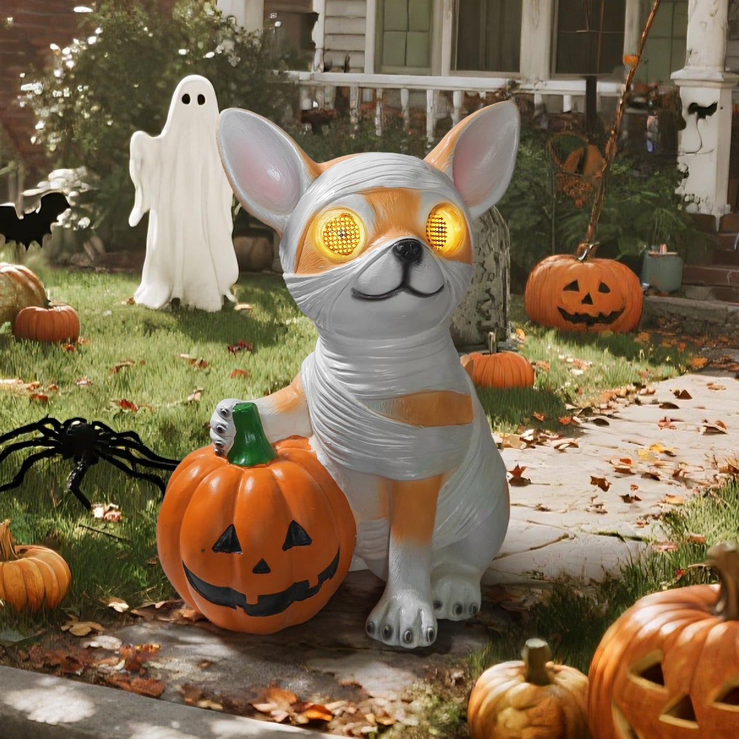 QOCNAM Halloween Decorations, Halloween Dog Statue Holding Pumpkin, with 360°Rotating Glowing Eyes and Solar Power,Outdoor Dog Statue for Front Door Porch, Yard, Lawn, Garden &Spooky Gifts