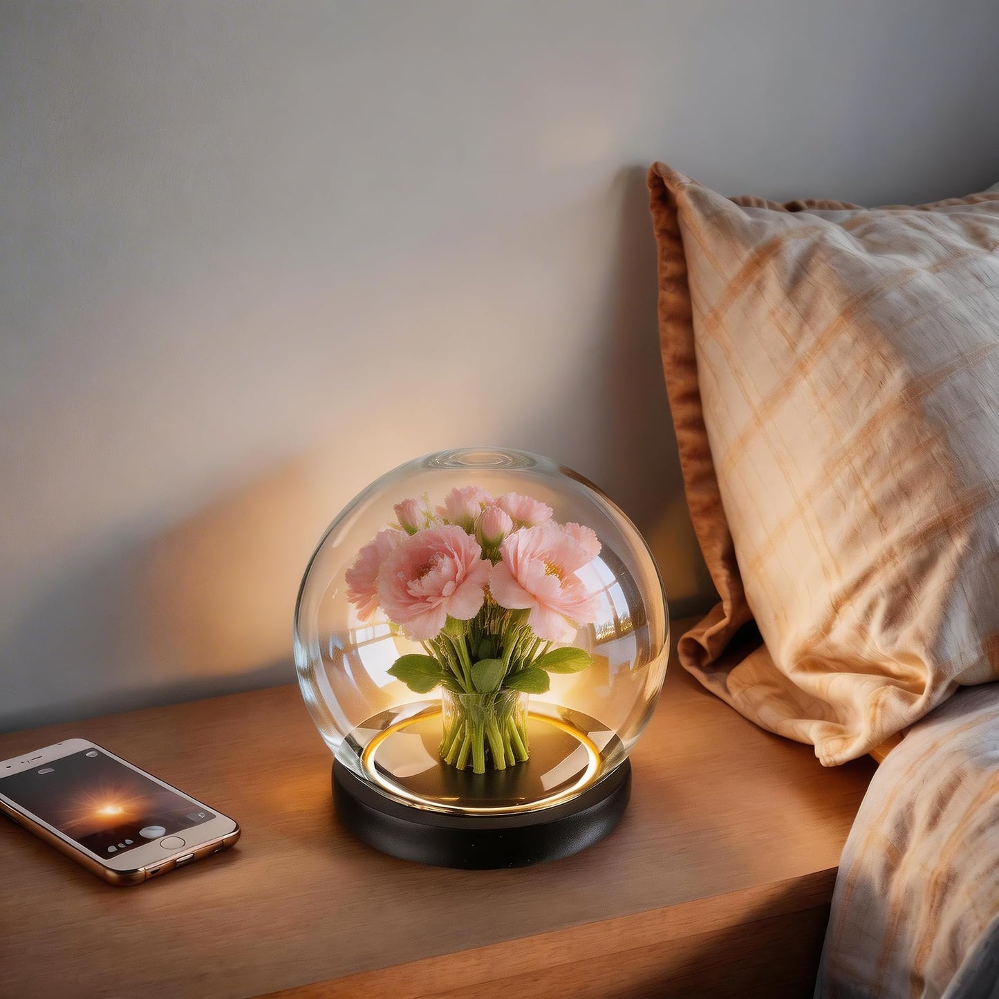6inch Round Glass Cloche Display Dome with Black LED Lights Base Decorative Glass Display Bell Jar for Plants Keepsakes Collectibles