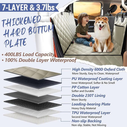 Back Seat Extender for Dogs Truck-Large Space, Hard Bottom Dog Pet Seat Cover Back Seat, Waterproof Dog Hammock for Crew Cab Trucks F150, RAM1500, Sierra, Tundra, Silverado, Khaki