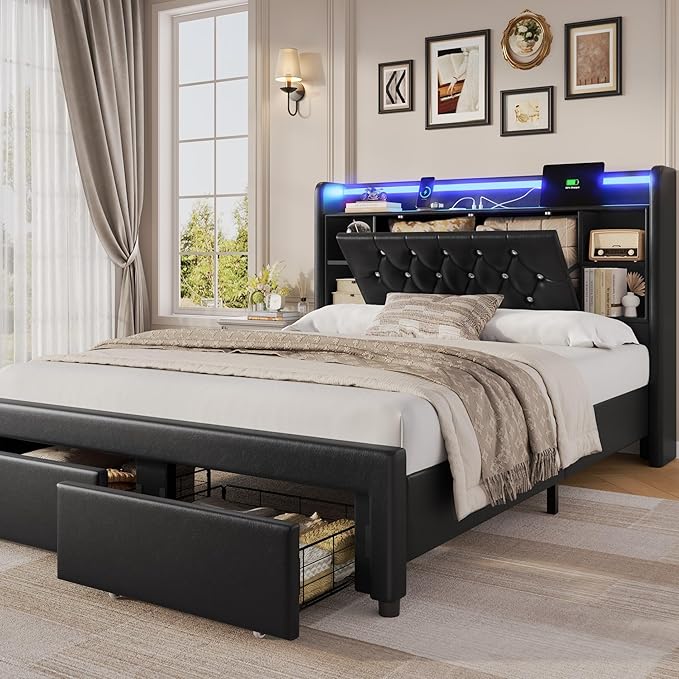 Full Bed Frame with Drawers, Hidden-Cubby & Shelves Storage Headboard with