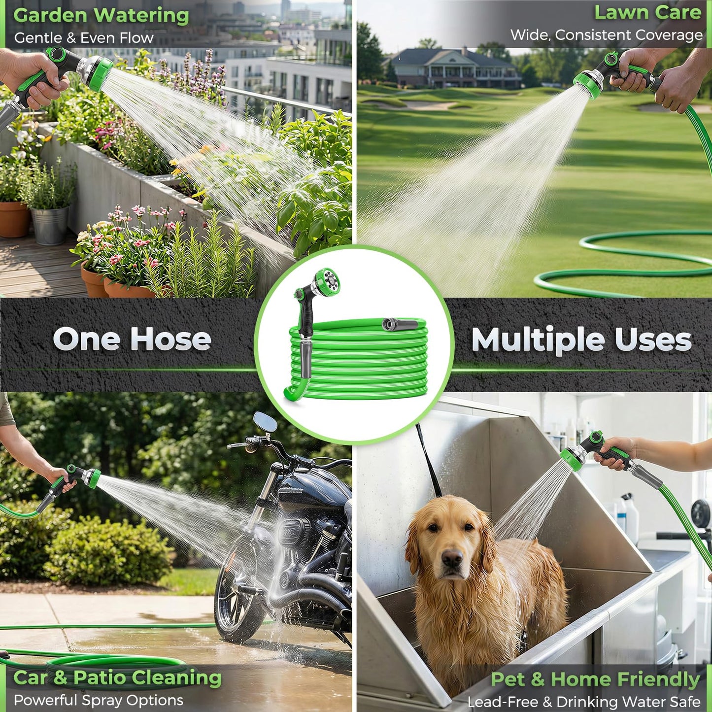 Garden Hose 50 Ft With 8-Pattern Spray Nozzle, 5/8" Lead-Free Flexible Water Hose With 3/4" Anodized Aircraft-Grade Aluminum Interface, Lightweight Kink-Resistant Water Pipe For Lawn, Yard, Outdoor