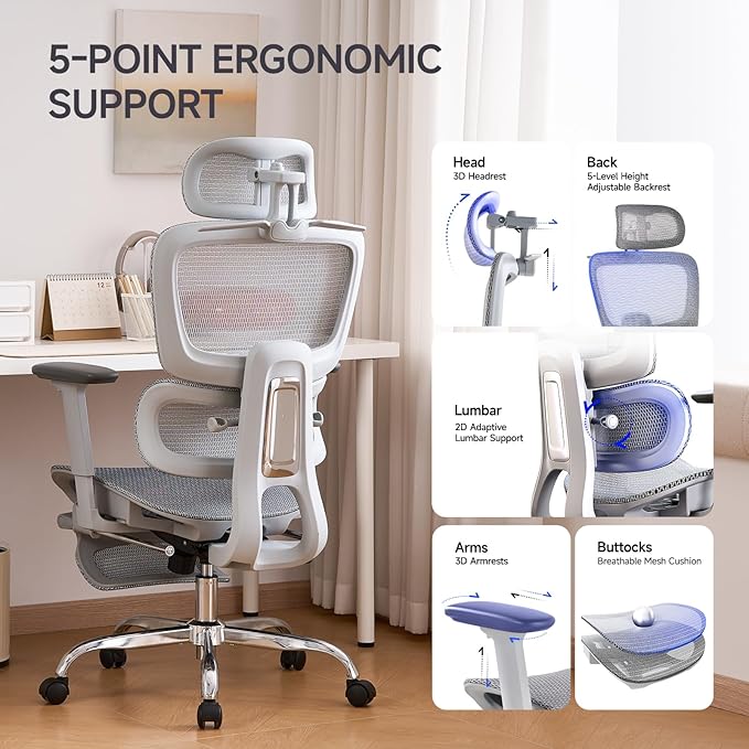 Office Chair with Footrest, Ergonomic Chair with 3D Headrest, Computer Chair