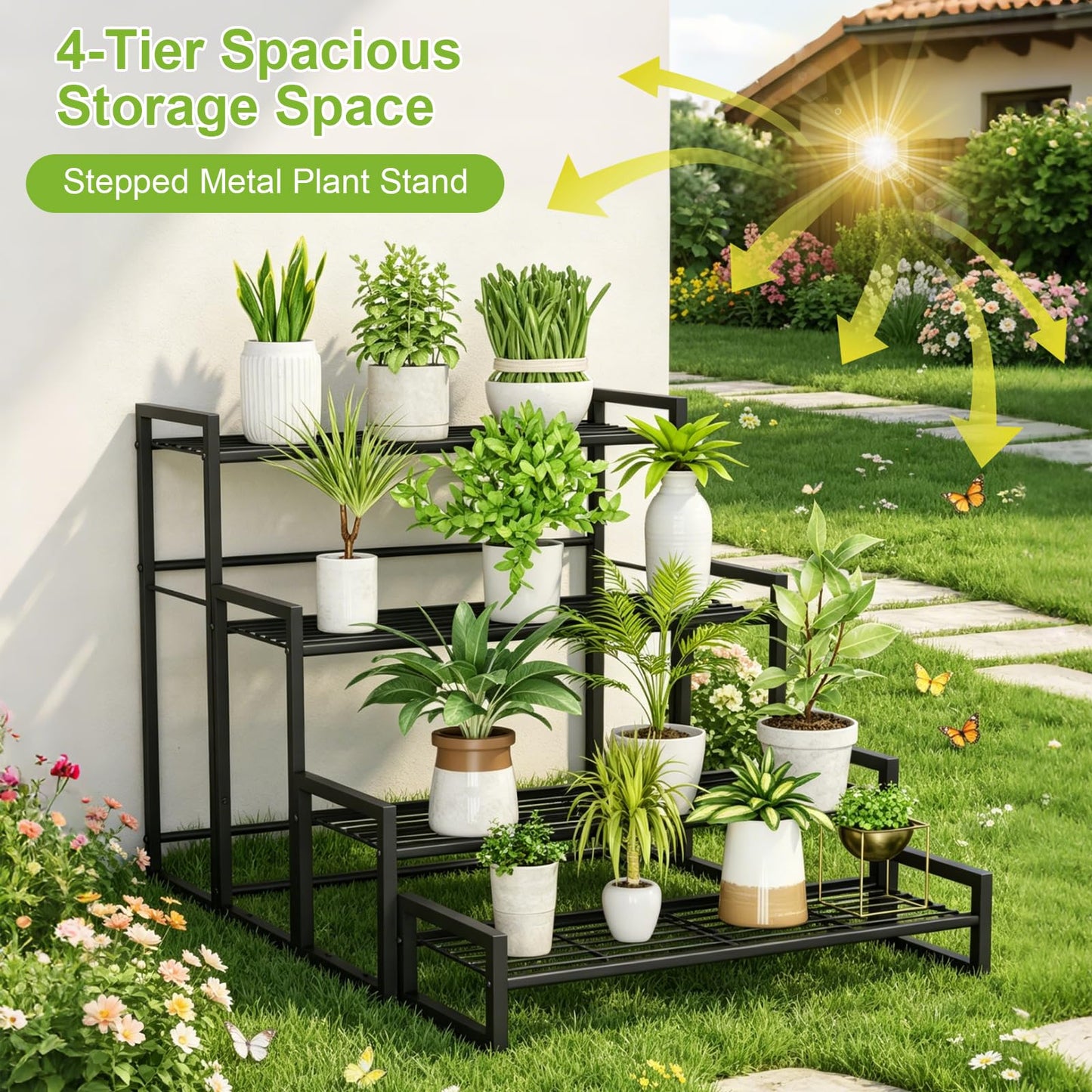 VyGrow Plant Stand, 4 Tier Widened Stackable Tiered Plant Stand, Upgraded Scalable Heavy Duty Tall Plant Shelf for Indoor Outdoor, Garden, Display Shelves, Flower Pot Holder, Black