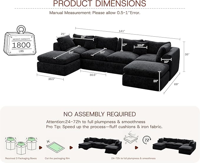 GRUSIGN 141'' Oversized Boneless Cloud Couch