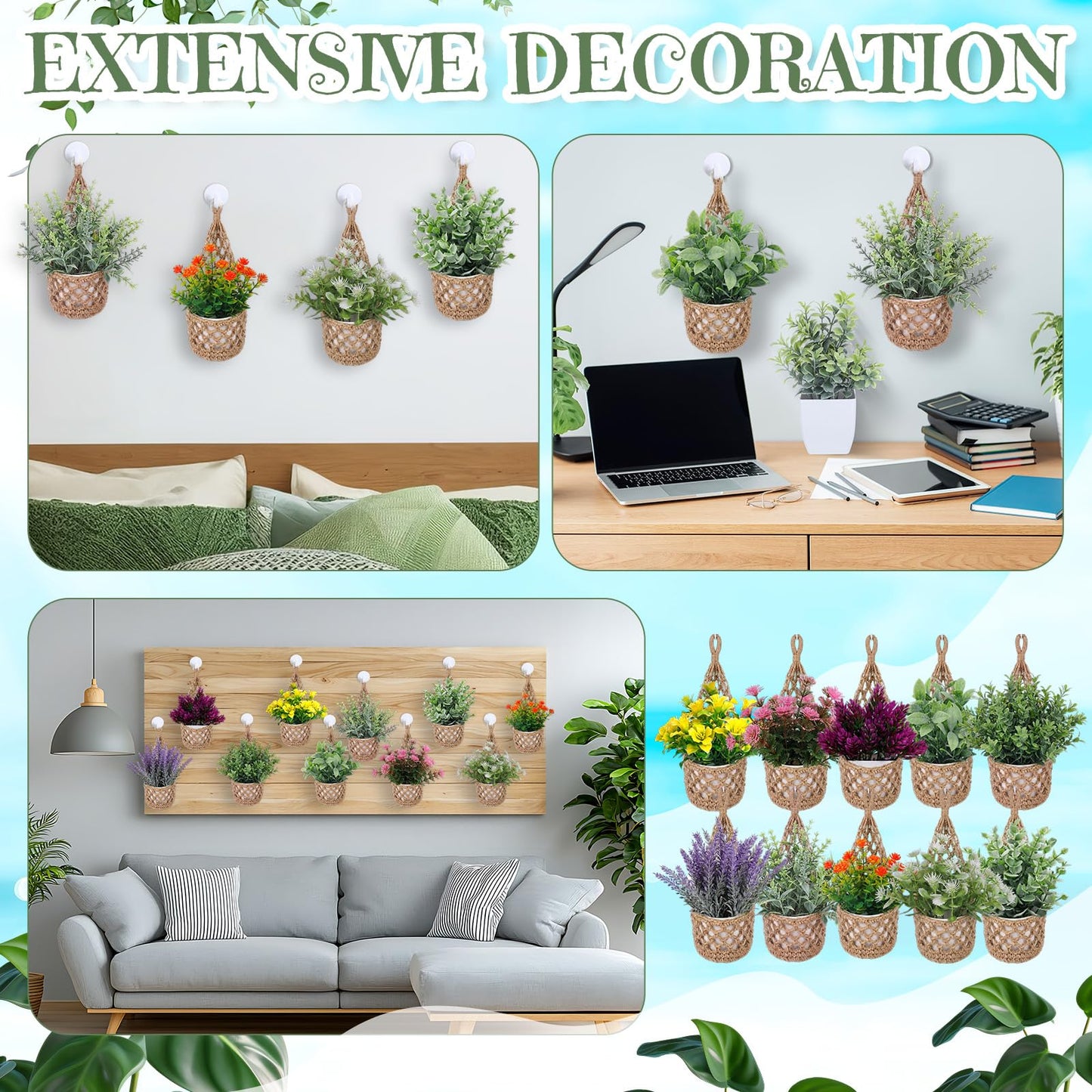 GliCraft 10 Pack Macrame Wall Plant Hanger with Artificial Pot Flower - Boho Wall Hanging Planter for Indoor Plant Cotton Rope Holder with Mini Fake Pot Flower for Home Wedding Decor Gift(Jute)