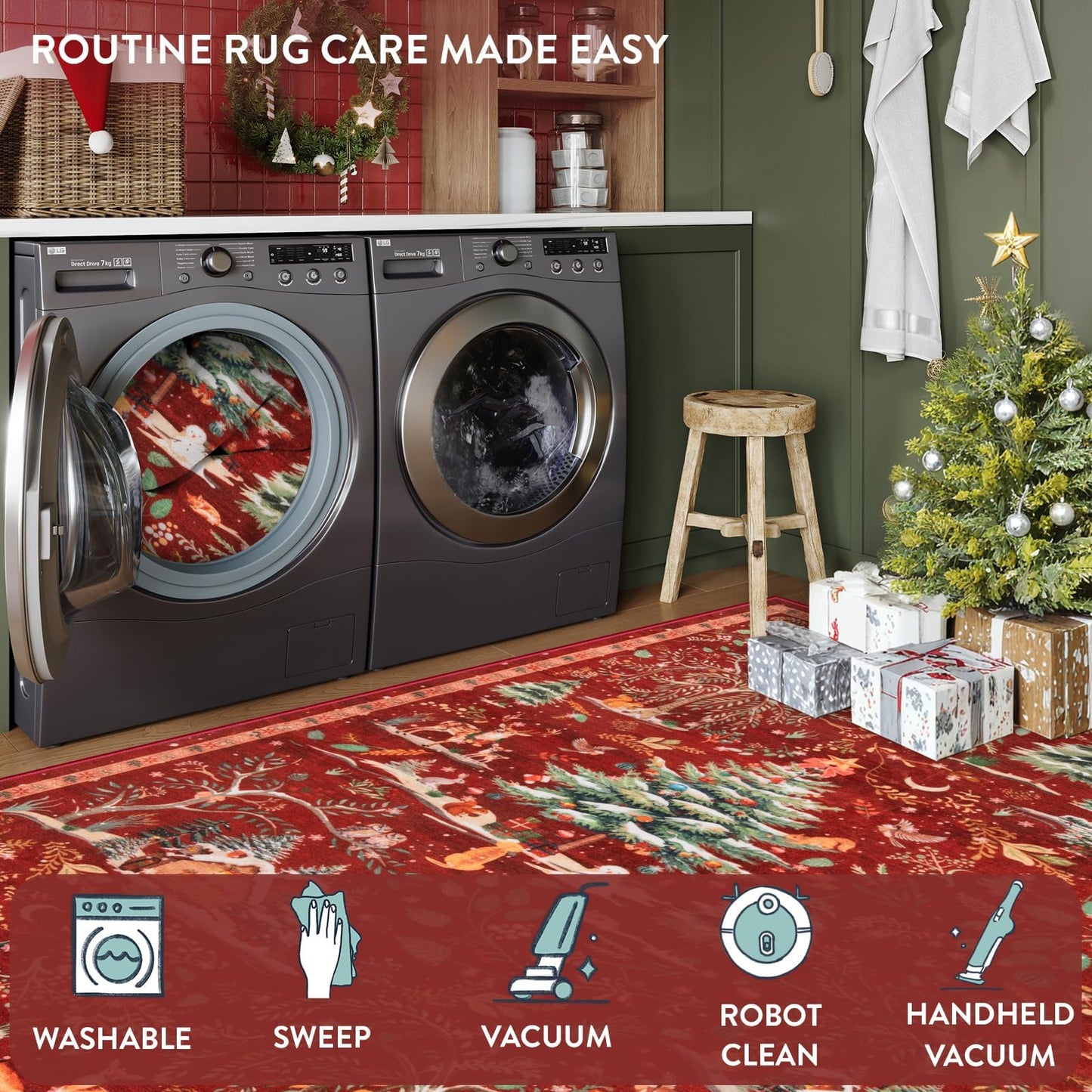Lahome Christmas 8x10 Area Rug, Washable Soft Large Rug for Living Room, Non Slip Low Pile Bedroom Rug Xmas Tree Indoor Floor Carpet for Dining Room Winter Holiday Decor, Red