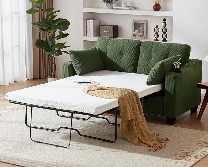 Full Size Pull Out Sleeper Sofa Bed, 2-in-1 Convertible Corduroy Pull Out Couch