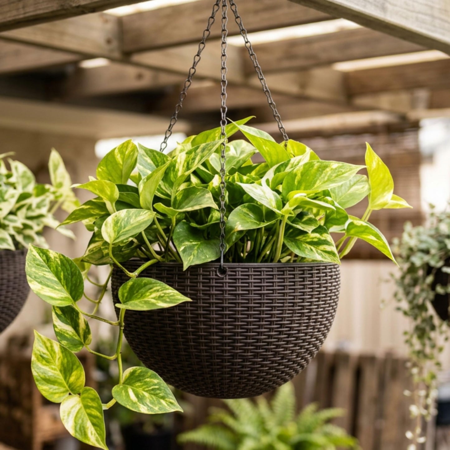 LaLaGreen Hanging Planters for Indoor Plants (11 Inch, 1 Pack) Brown Rattan Style Self-Watering Hanging Flower Pot with Water Level Indicator, Plastic Basket with Metal Chain for Balcony Porch Outdoor