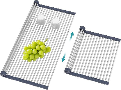BBXTYLY Extra Large Expandable Roll Up Dish Drying Rack,Over The Sink Drying Rack Sink Cover Kitchen Sink Accessories Kitchen Rolling up Stainless Steel Drainer, Foldable,Rollable（Grey，22.8'-17.3''）