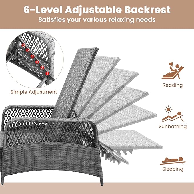 COSTWAY PE Rattan Chaise Lounge Chair, 6 Gear Adjustable Recliner
