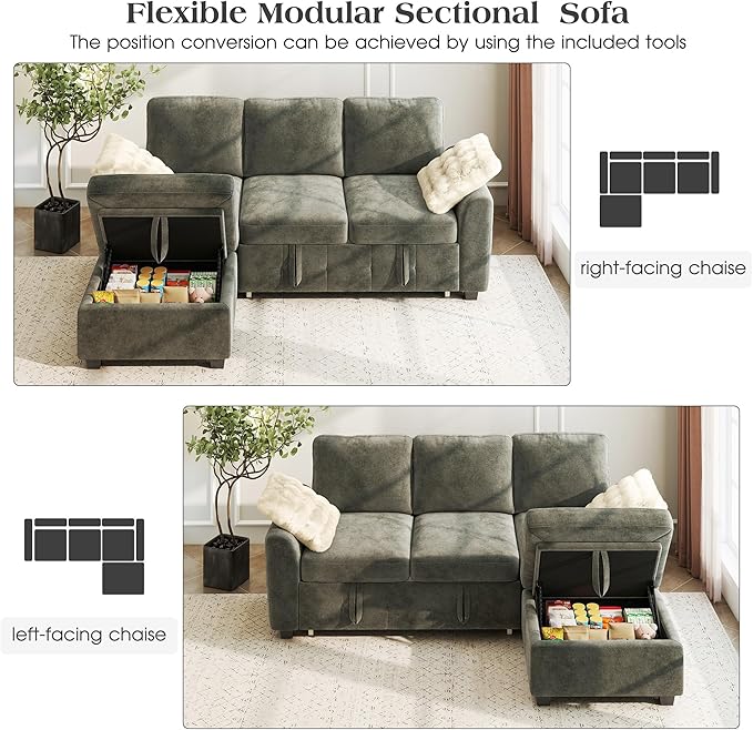 Ihanherry Modular Convertible Sectional Sofa Bed, Reversible Chaise & Storage
