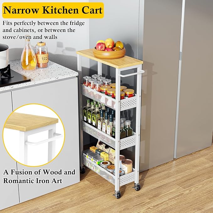 OKZEST Utility Slim Storage Cart, 4 Tier Small Rolling Kitchen Laundry Room Cart