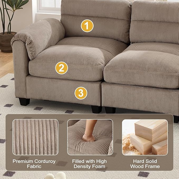 HAOMARKETS Corduroy 3-Piece Sofa Set, Upholstered Ottoman and Accent Chair Sofa