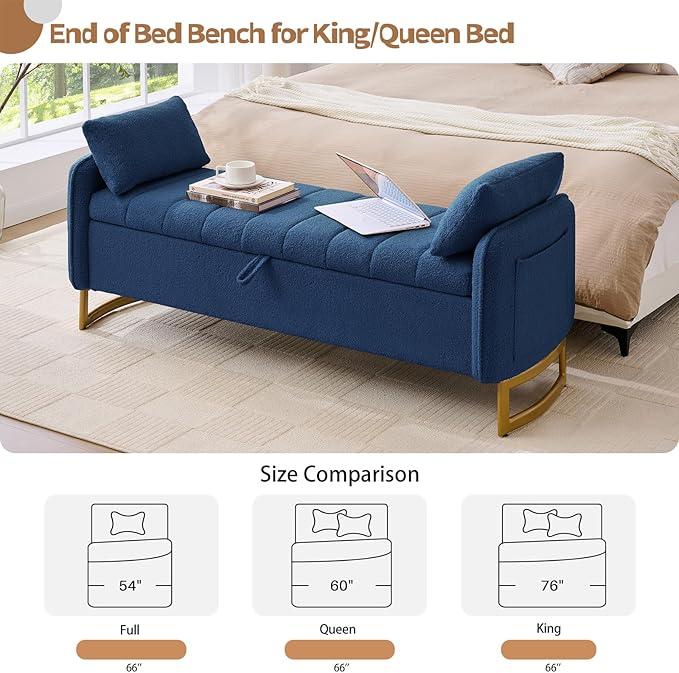 66'' King Size Storage Bench for Bedroom, Teddy Boucle End of Bed Benches for