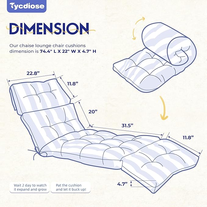 Outdoor Chaise Lounge Chair Cushion Waterproof 74.4 x 22 x 4.7 Inches Memory
