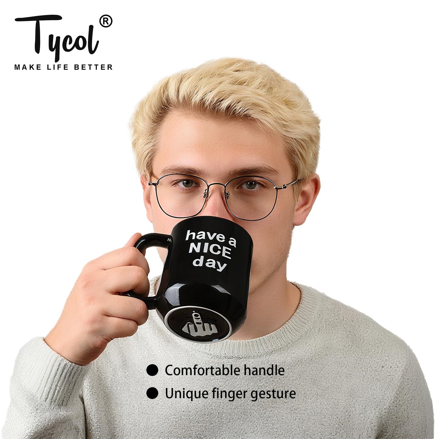 Tycol Funny Ceramic Coffee Mug Have a NICE Day Cup Black 16 Oz with handle for Adults, Christmas Gift, Party, Birthday, Flat bottom with warmer compatible, Novelty Mug