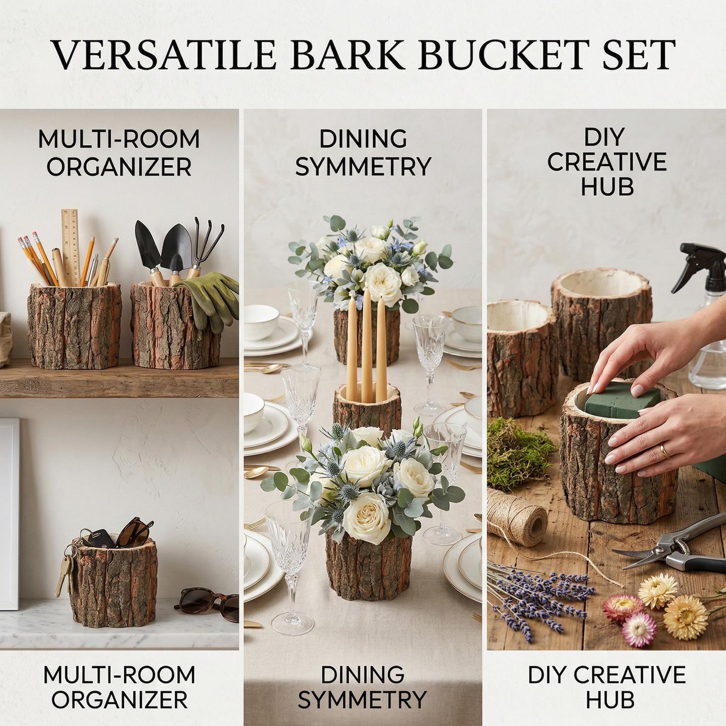 Housoutil Wooden Vase for Centerpieces, 6 Pack Wood Flower Vase Rustic Tree Stump Planter Pots, Wooden Bark Flower Bucket for Wedding, Farmhouse Christmas Table Decor, Round Bark Stump Pots