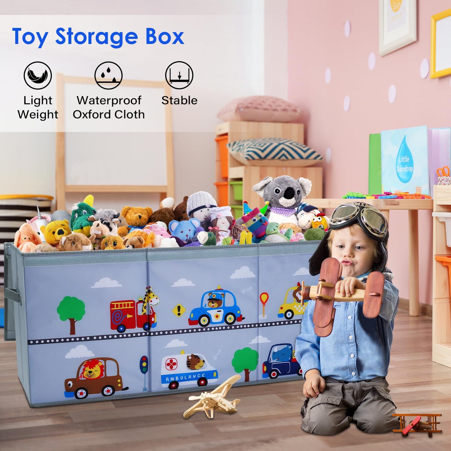 decalsweet Toy Box Chest for Kids, Collapsible Oxford Toy Storage Box with Handles for Boys, Extra Large Sturdy Waterproof Toy Organiser for Bedroom Playroom, 37.7×12.5×15.7 Inch (Animal Cars)