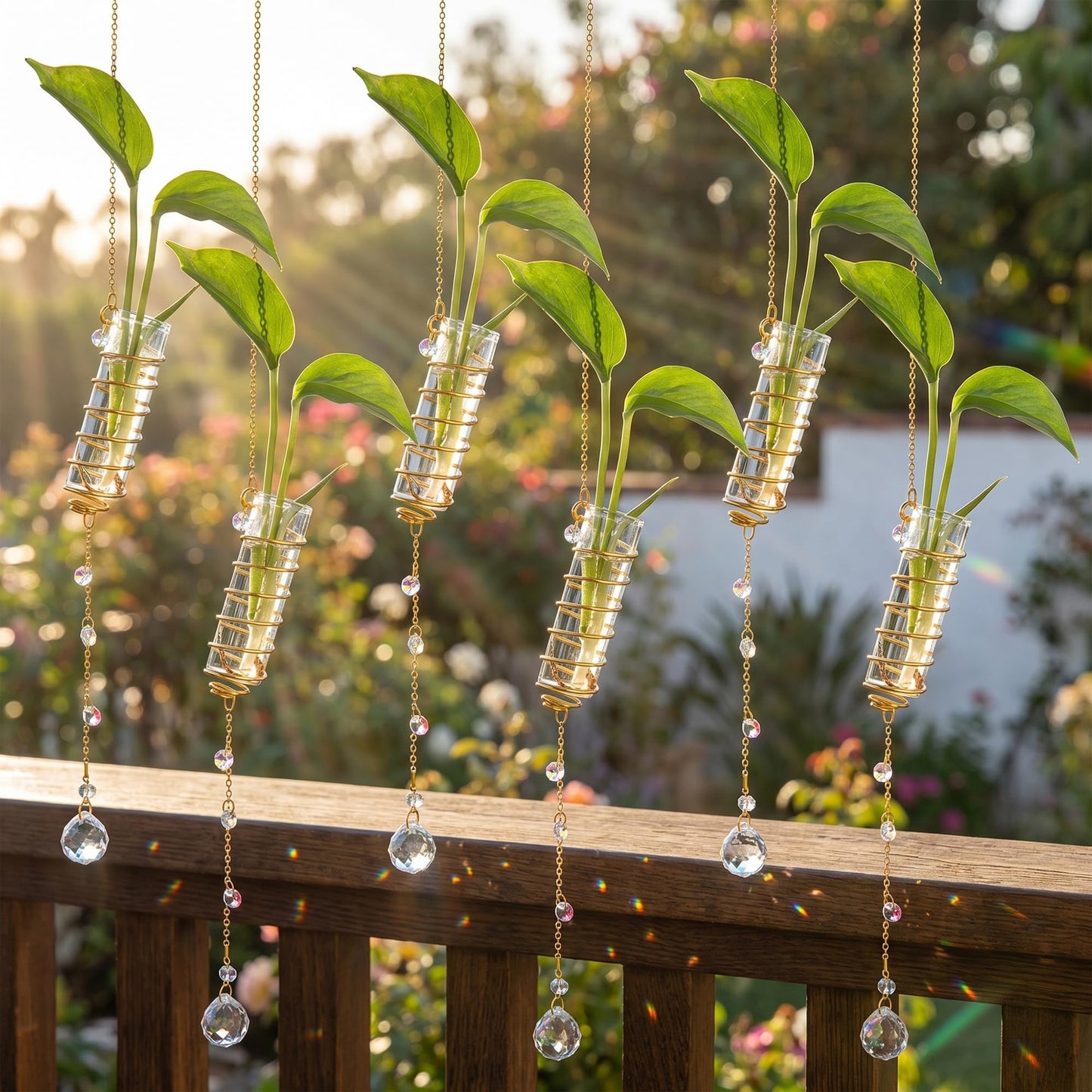 H&D HYALINE & DORA 6 Pcs Hanging Propagation Station with Crystal Ball Prisms Suncatcher and Cleaning Brush, Glass Wall Vases Crystals Prism Hanging Decor for Windows Home Wedding Decoration(Golden)