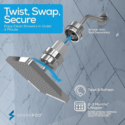 SparkPod 23-Stage Filtered Shower Head, 8" Square, Polished Chrome | Filtered Shower Head for Hard Water Filter, High Pressure, Reduces Chlorine, Heavy Metals, For Dry Skin & Hair