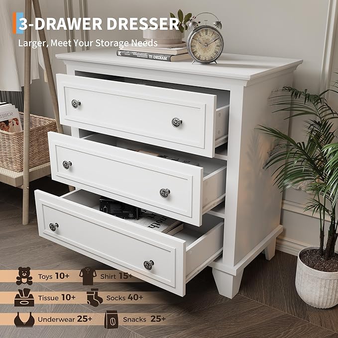 IDEALHOUSE 3 Drawer Dresser, Wooden Storage Chest of Drawers