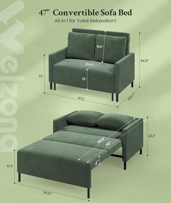Welzona 47.2" Convertible Sofa Bed Couch, Comfy Corduroy Loveseat Sleeper Sofa