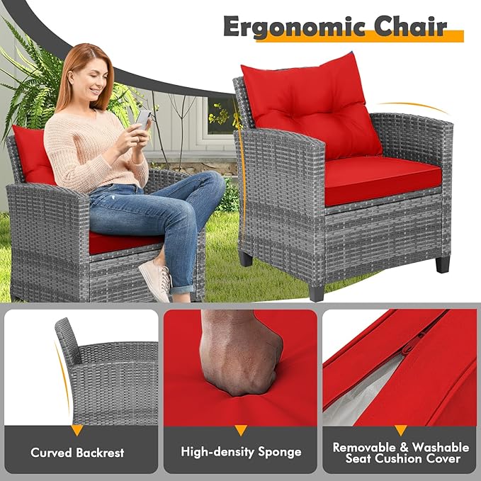 COSTWAY 3PCS Patio Furniture Set, PE Rattan Wicker Sofa w/Washable Cushion and