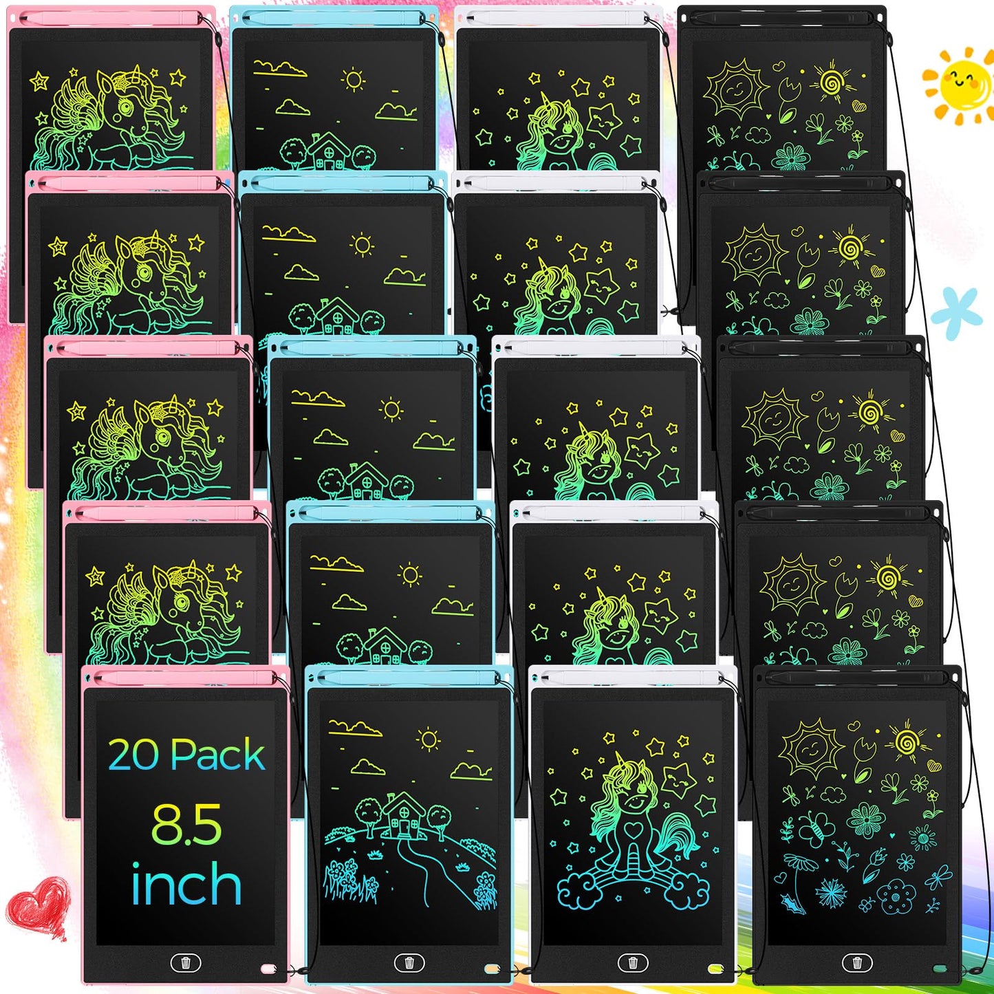 Zhehao 20 Pack LCD Writing Tablet for Kids: 8.5 Inch Colorful Drawing Doodle Boards - Reusable Erasable Doodle Board Educational Learning Toys Gifts for Toddlers Ages 3-8 Party Favors(Pastel,Cute)