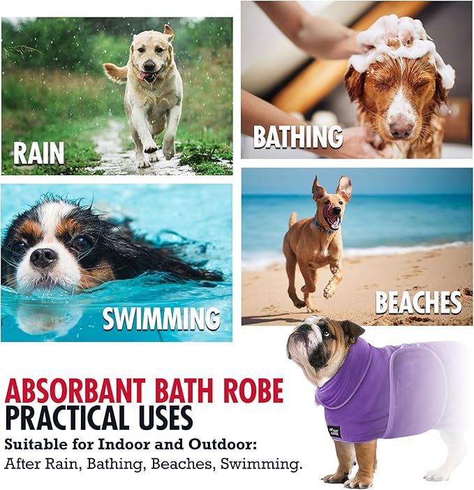Tuff Pupper Fast Drying Dog Bath Robe | 800 GSM Plush Dog Towel Bathrobe/Dressing Gown | Super Absorbent Pet/Puppy Bathrobe | Adjustable Hood & Belly Strap | Super Soft | Fast Drying (L, Purple)