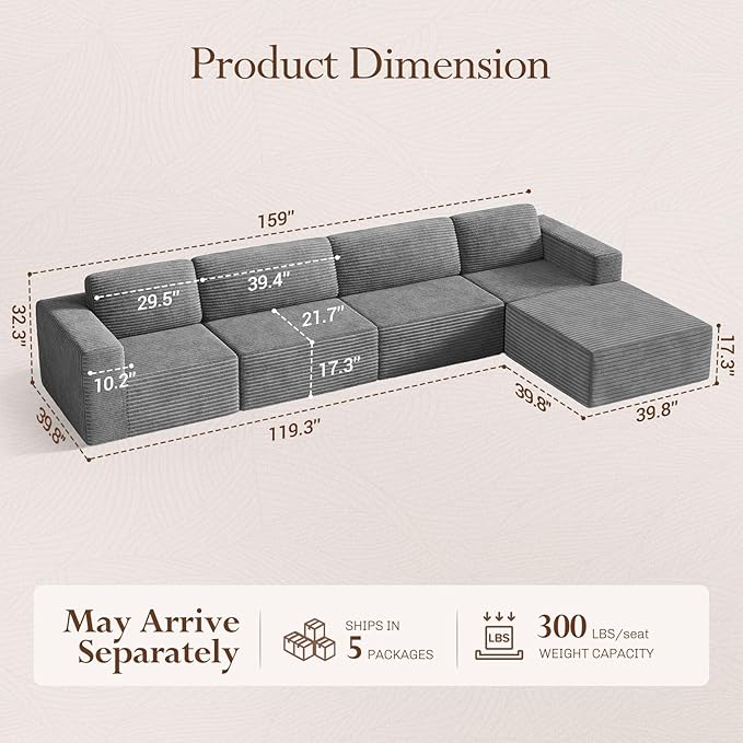 Vesgantti 159" Large Modular Sectional Sofa, L-Shaped Corduroy Cloud Couch