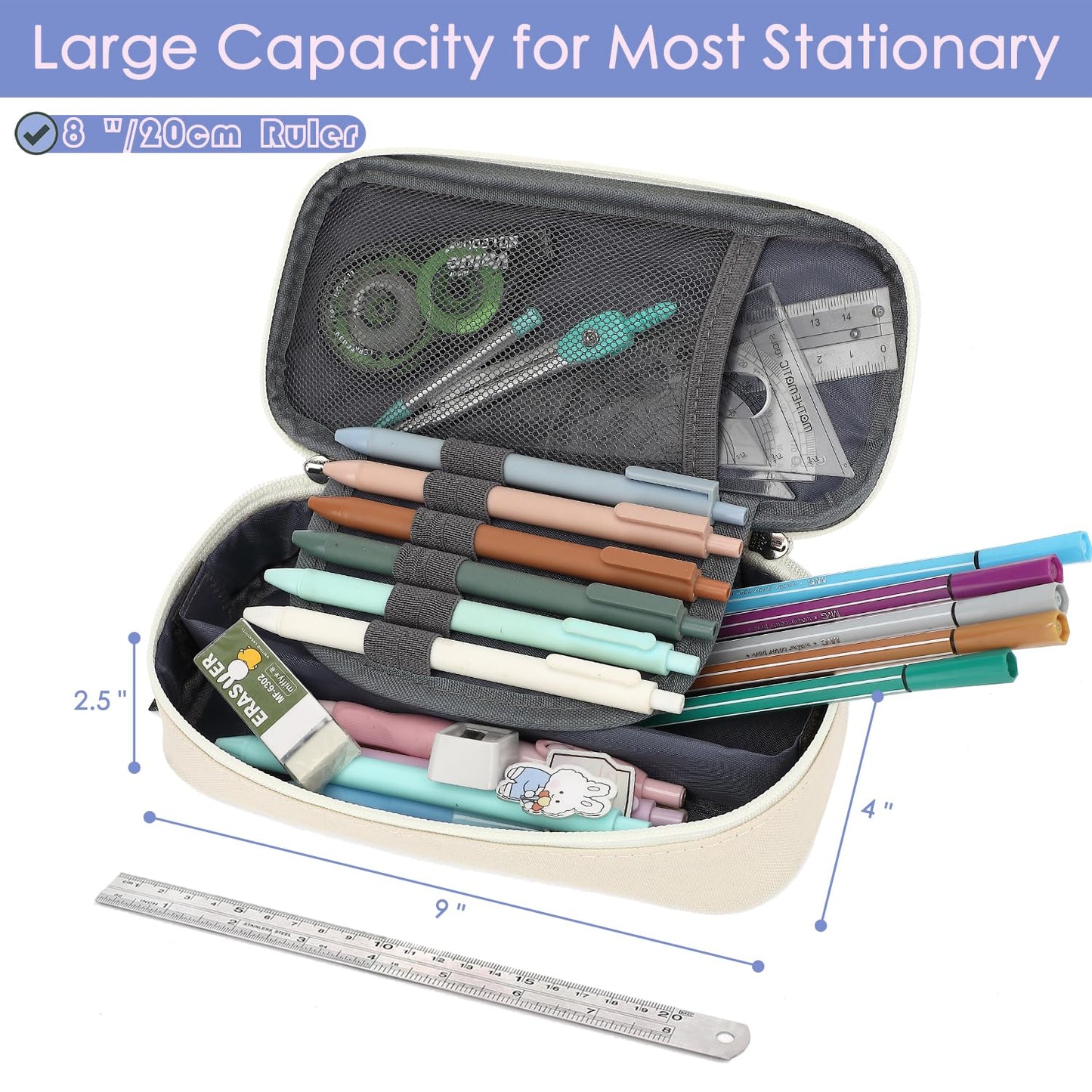 FlowFly Large Capacity Pencil Case for Kids, Boys & Girls – Zippered Multi-Functional Pen Pouch, Soft & Portable Pencil Bag for School, Teens, Students, Beige