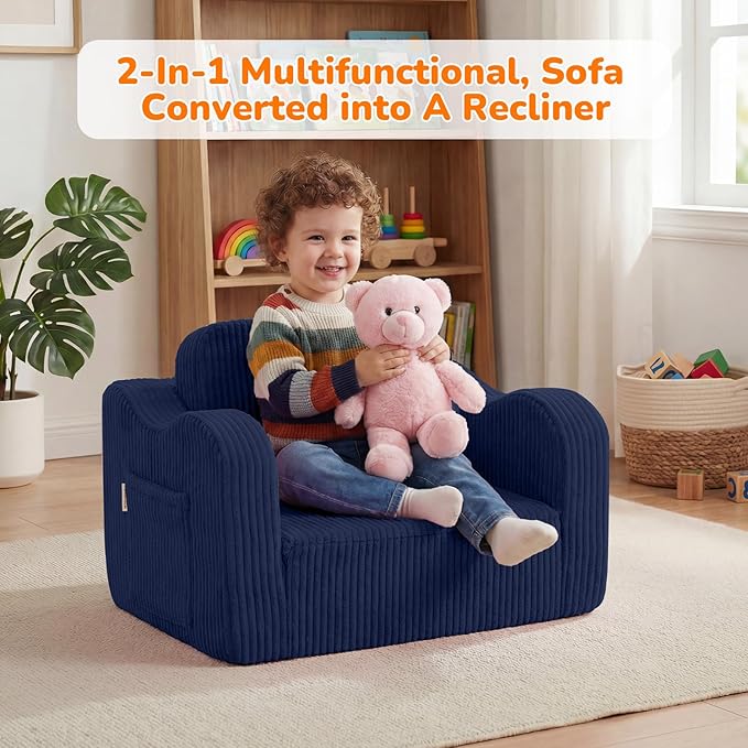 MeMoreCool Toddler Corduroy Chair – 2-in-1 Foldable Sofa Bed, Lightweight &
