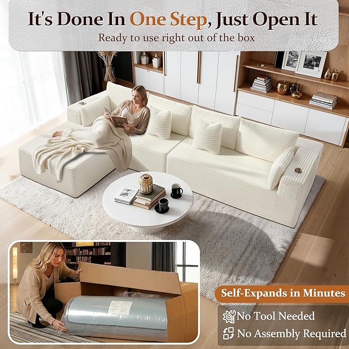 138" Cloud Sectional Couch, Comfort L Shaped Boneless Couch