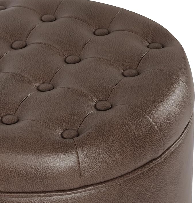 Homepop Home Decor | Upholstered Round Faux Leather Tufted Foot Rest Ottoman |