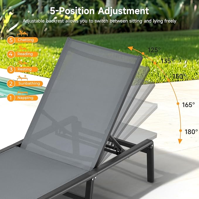 ONBRILL Aluminum Chaise Lounge Chair Outdoor, Foldable & Assembly Free Outdoor