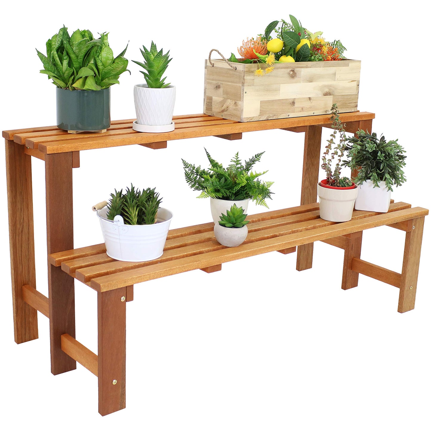 Sunnydaze 2-Tier Meranti Wood Plant Stand for Indoor and Outdoor Use - Garden Shelf with Teak Oil Finish for Patio, Porch, Balcony, and Living Room - Heavy Duty 100 lb Per Level Capacity - 47 in