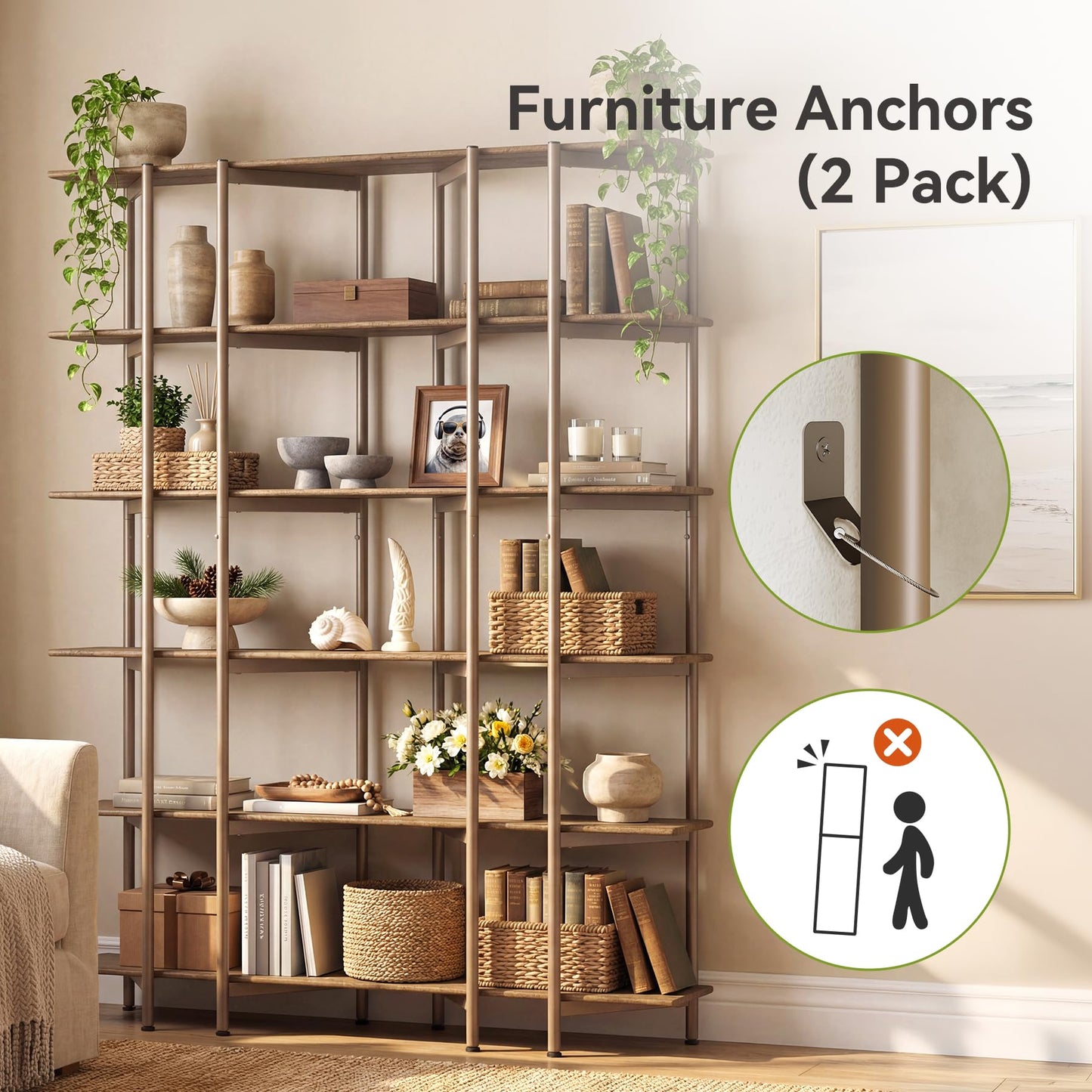 LITTLE TREE 70.87" Tall Open Bookshelf, 6-Tier Display Rack with Metal Frame & Wooden Shelves, Modern Bookshelf for Living Room, Home Office, Kitchen, Bedroom, Brown & Gold