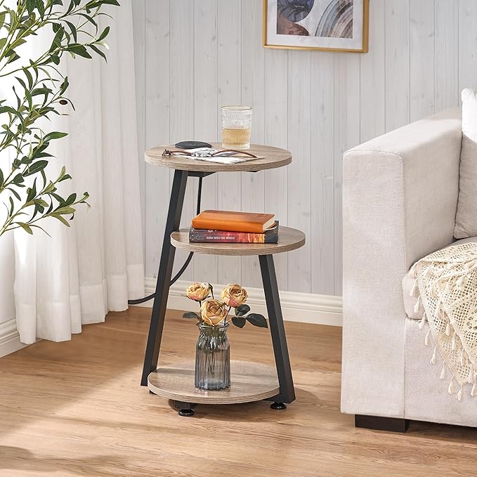 BEWISHOME Round End Table with Charging Station, Side Accent Table with 3-Tier