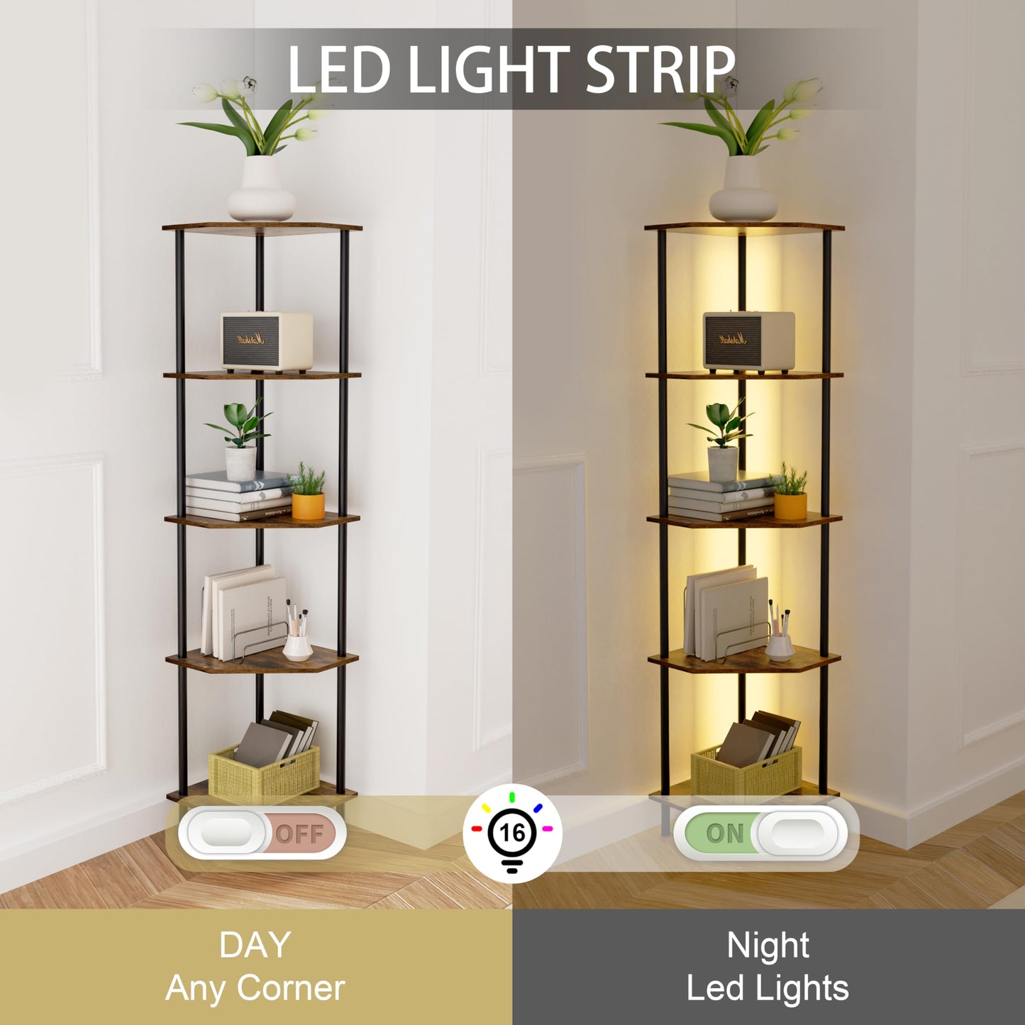 Corner Shelf Stand, Storage Standing Shelf Unit with Metal Frame, Narrow Bookshelf with LED Light Brown Plant Display Stand, Multi Unit Organizer Corner Cabinet for Bedroom, Living Room (5 Tier)