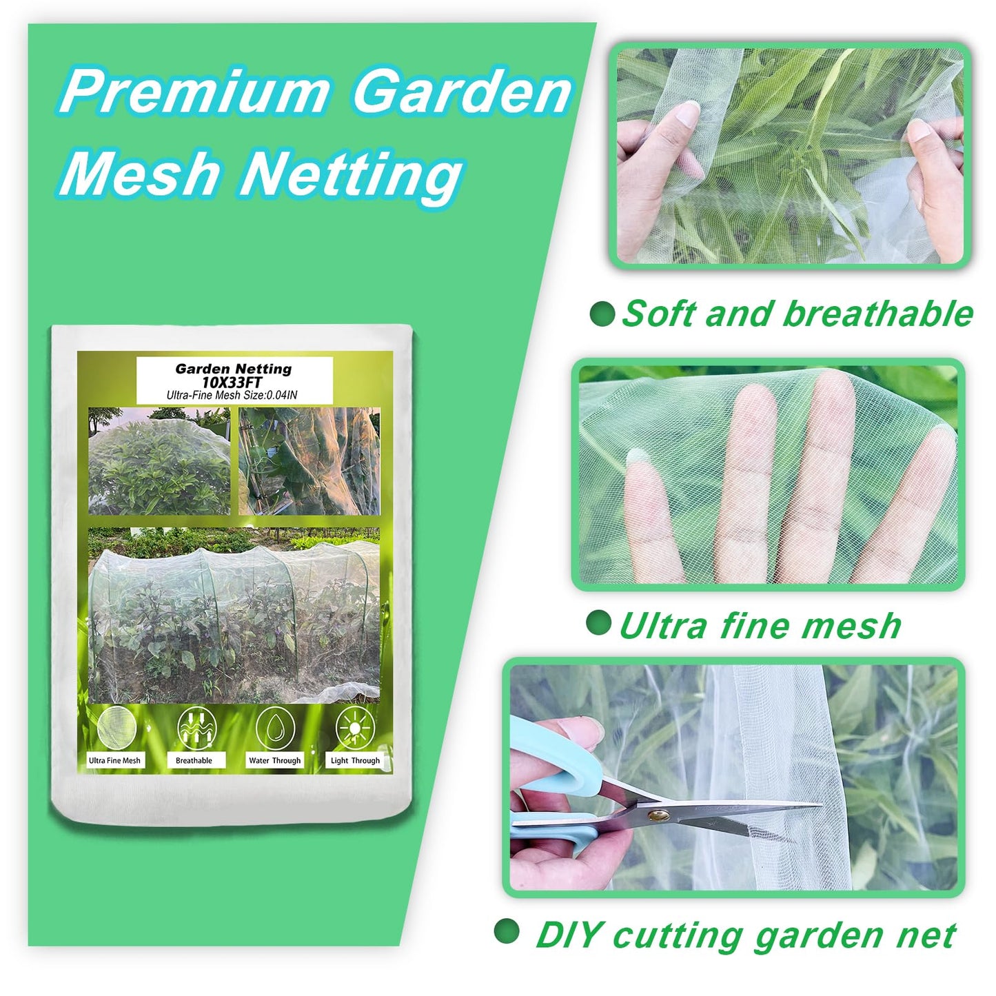 Garden Netting Kit, 8PCS Garden Hoops and 10x33FT Garden Mesh for Raised Beds, Ultra Fine Plant Net for Vegetable Fruits Crops Row Cover Barrier Protection Net for Animals