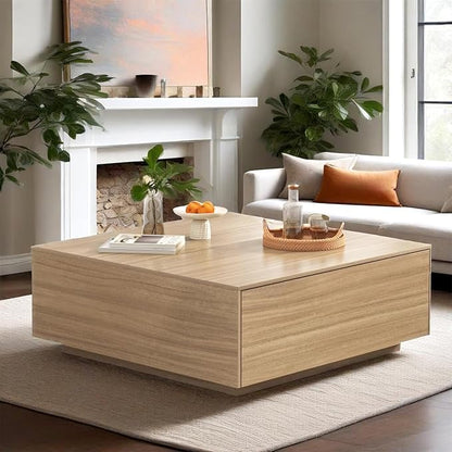 chartustriable 43” Square Coffee Table with Storage, 43" D x 43" W x 17" H Modern Large Square Center Table with 2 Drawers, Wood Coffee Table for Living Room, Light Brown,Bedroom,Light Brown